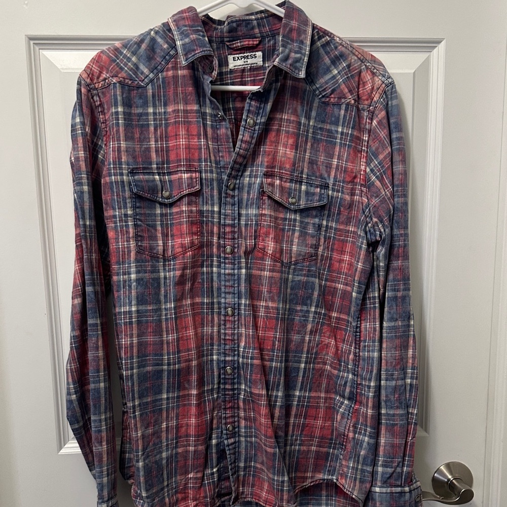 Express Men's Casual Red and Blue Plaid Shirt